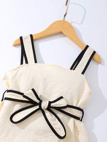 Tween Girls' T-Shirt Set, Black Designed Tank Top Set With White Trim, Waist Belt Design, Paired With Shorts, Simple Commuter Style For Summer - Apricot - View 3