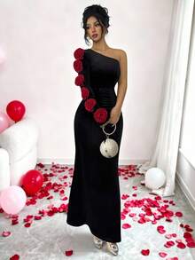 SHEIN Raffinéa Women's Elegant Holiday Dinner Asymmetric 3D Floral One Shoulder Sleeve Velvet Long Dress Gown, Black And Red Autumn Dresses - Multicolor - View 4