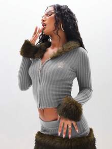 BABYPHAT Ribbed Knit Zip Up Cardigan With Luxurious Faux Fur Hood And Cuff Trim Winter Cozy Sweater - Grey - View 4