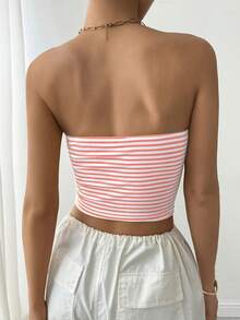 SHEIN PETITE 女士条纹抹胸上衣，夏季时尚 - 粉色 - 查看 2