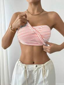 SHEIN PETITE 女士条纹抹胸上衣，夏季时尚 - 粉色 - 查看 4