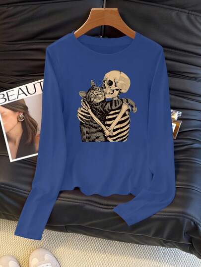 SHEIN LUNE Camiseta feminina casual de manga comprida com estampa de caveira e gato, outono