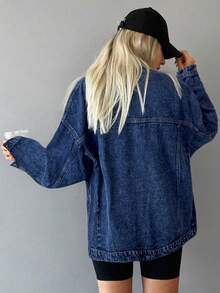 ZIRRA Women's Autumn Dropped Shoulder Long Sleeve Single-Breasted Pocket Casual Loose Denim Jacket - Dark Wash - View 2