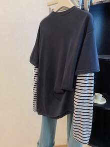 SHEIN Áo thun họa tiết hoa và sọc chắp vá thường ngày dành cho nữ - Màu xanh hải quân - Xem 2