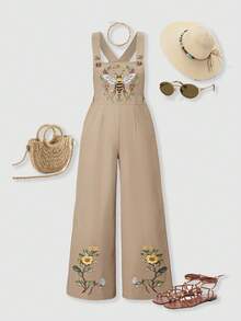 SHEIN ChillGRL Tween Girls' Bee Graphic Wide Leg Bib Jumpsuit - Khaki - View 1