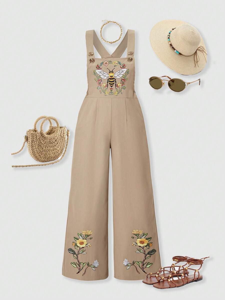 SHEIN ChillGRL Tween Girls' Bee Graphic Wide Leg Bib Jumpsuit - Khaki - View 1