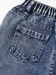 ChillGRL Tween Girl 不对称弹性腰部蝴蝶印花宽松舒适浅蓝色牛仔阔腿裤 - 中等水洗藍 - 查看 7