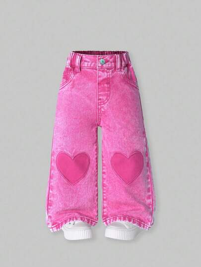 SHEIN ChillGRL Young Girl Baggy Pants  Straight Loose Fit Heart Embroidery Casual Versatile Simple Washed Denim Jeans With Multiple Pockets, Suitable For Daily Outings, Spring/Summer New Collection Pink Jeans For Girls Girls Jeans With Hearts Baggy Jeans For Girls Kids Jeans Toddler Girl Jeans Terno For Kids Girl Pink Top Back To School Clothes Girls Summer Holiday Fall Winter