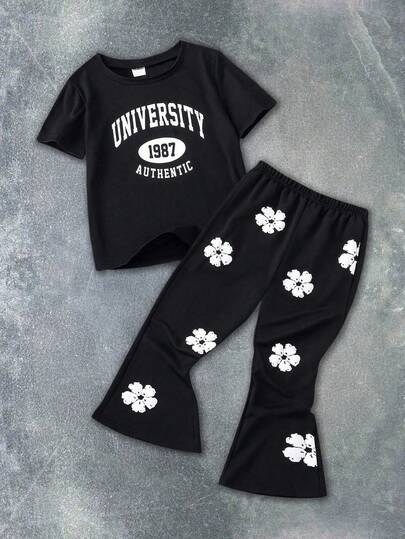 SHEIN Coolqubz 2 st/set för pojkar, casual, amerikanskt bokstävertryck, löst sittande, kortärmad t-shirt och flockade, lösa sportbyxor, skolstart 2025, barnkläder och sportkläder för college