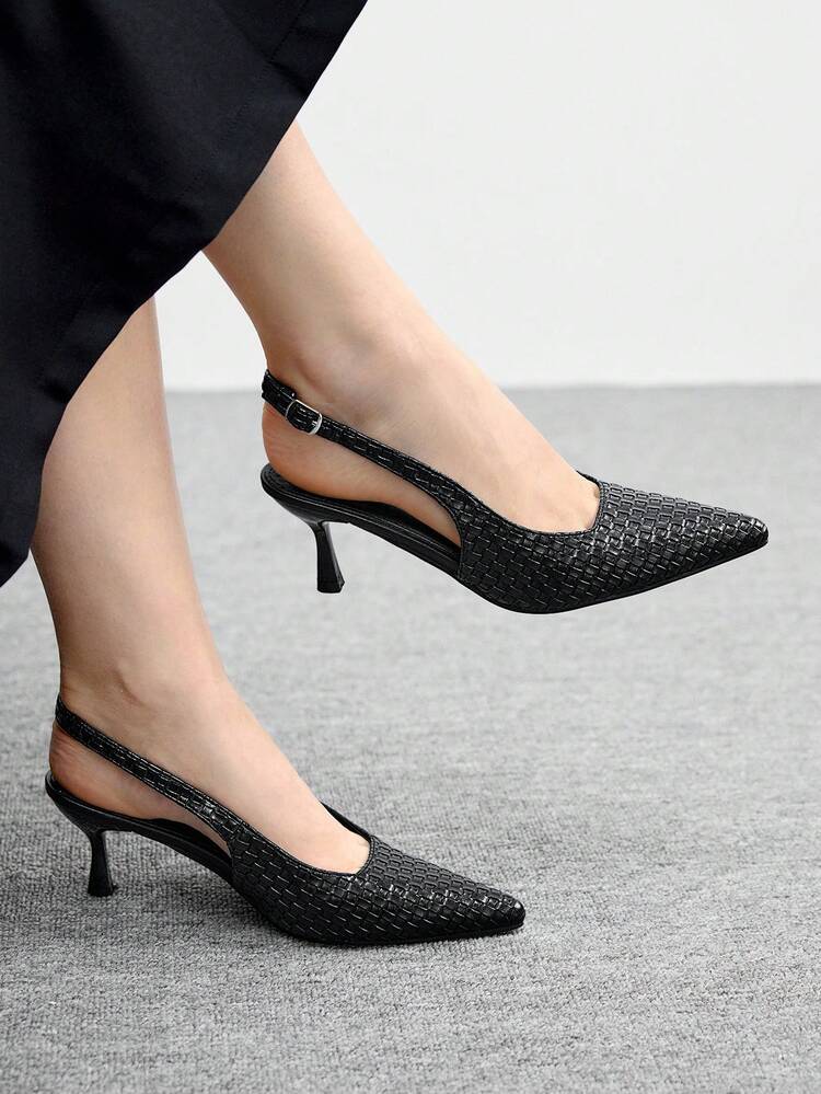 CUCCOO BIZCHIC Women's Fashion Versatile Pointed Toe Black PU Woven Pattern Closed Toe High Heel Pumps For Christmas