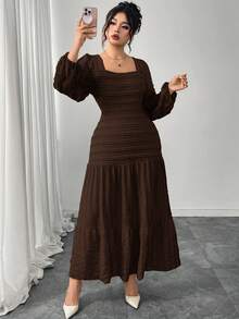 Modelyn Plus Size Women Knitted Long Sleeve Split Square Neck Frill Trim Dress - Coffee Brown - View 6