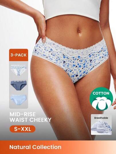 LUVLETTE paquete de 3 bragas de cintura media con estampado floral y encaje, de algodón suave