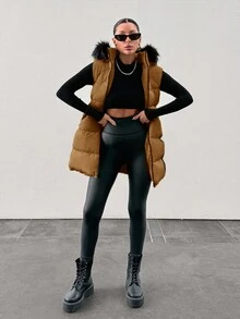 Padded Vest With Furry Hood And Adjustable Waist, Two Side Pockets, Thick And Fashionable Puffer Jacket, Quilting Details - Brown - View 9
