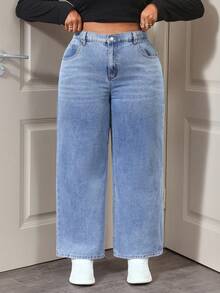 SHEIN ICON 大码休闲日常水洗斜插口袋直筒牛仔裤 - 淺色水洗藍 - 查看 3