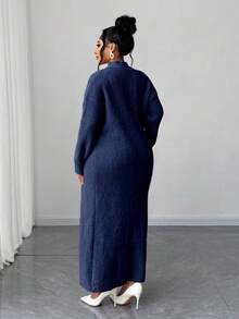 Maweii Bộ áo khoác cardigan hai mảnh dệt kim màu trơn thanh lịch cỡ lớn dành cho nữ - Màu xanh lam - Xem 2