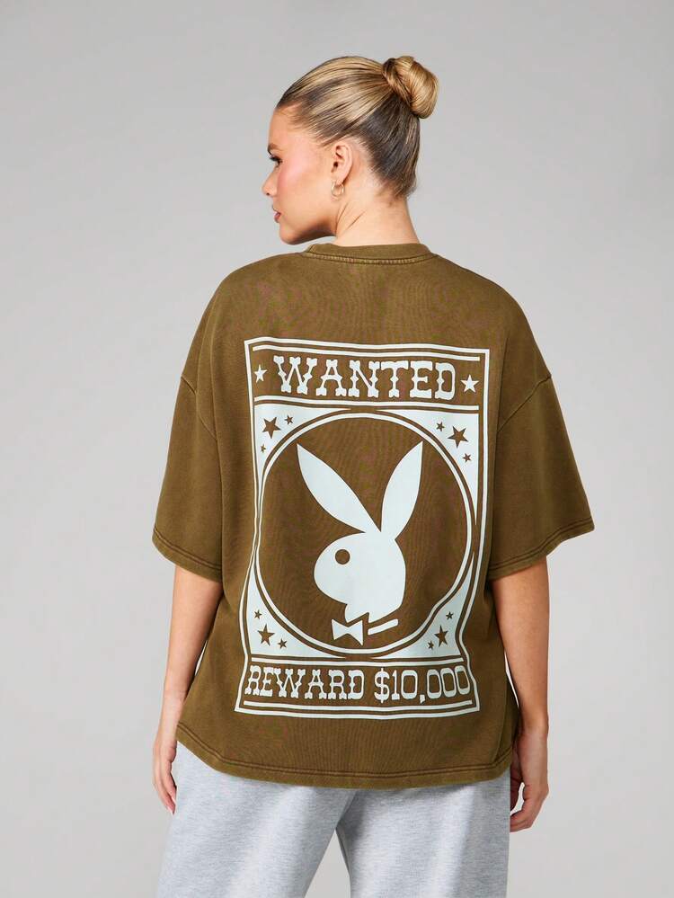 Missguided x Playboy Oversized Washed Graphic Tee With Wanted Poster Print And Bunny Logo Crew Neck Short Sleeve Cotton Blend