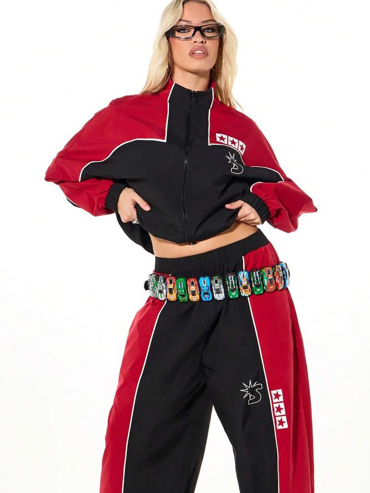 SUMWON Women Panelled Track Pants Baggy Loose Fit High Waisted Joggers With Color Block Design And Star Logo Graphics