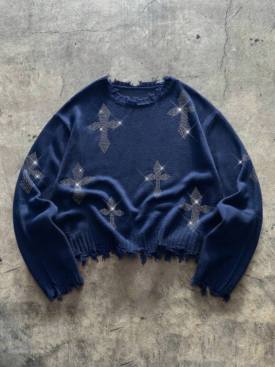 AXEPEAK Suéter holgado de cuello redondo con patrón de cruz de rhinestone y efecto desgastado para hombre - azul real - Ver 1