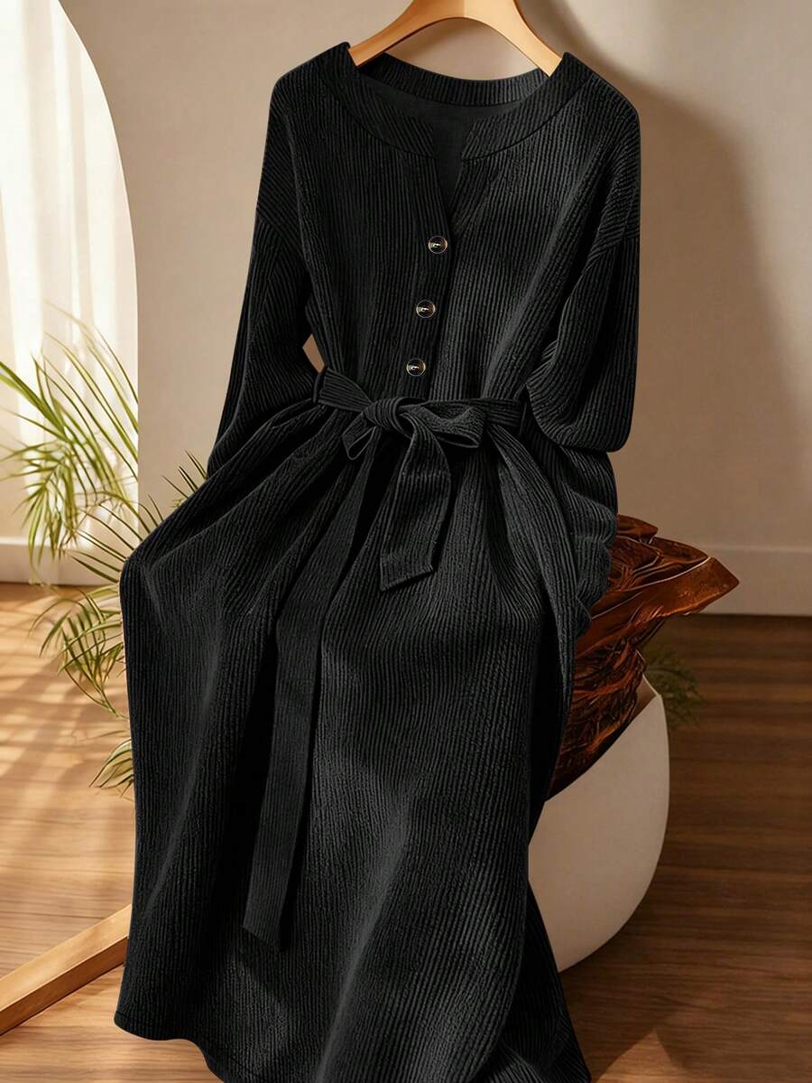 GlowEve Women's Solid Color Button Front Long Sleeve Casual Corduroy Dress - Black - View 1