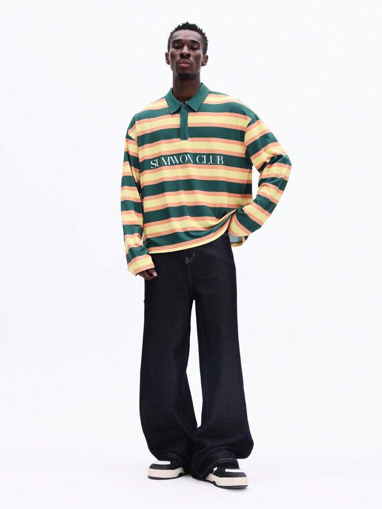 Horizontal Striped Long Sleeve Polo Shirt With Button Placket