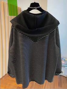 INAWLY 女士休闲宽松连帽条纹长袖套头衫，适合毕业、教师、返校秋季穿着 - 黑色 - 查看 2