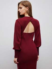 Maija 女士优雅纯色露背修身针织连衣裙，秋冬 - 紅色 - 查看 3