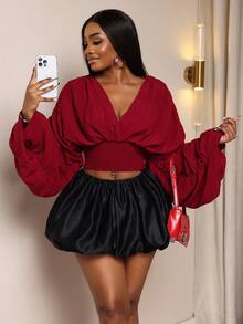 Xyvia 女士酒红色褶皱泡泡袖上衣，设计优雅性感，适合生日、约会、派对、音乐会、音乐节、独立日、光棍节、返校派对、万圣节、圣诞节、新年、旅行、秋季穿着。 - 酒紅色 - 查看 3