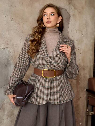 Roveilla 加大码格子翻领长袖修身西装外套粗花呢夹克女式棕色西装外套女式格子两件套西装裙套装粗花呢两件套格子夹克女式棕色格子西装外套格子西装外套女式粗花呢西装外套女式西装外套