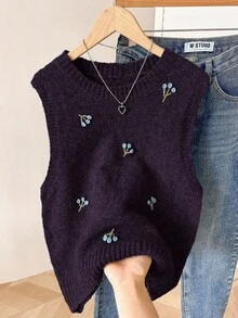 Modelyn Áo len cổ tròn thêu màu trơn cho nữ mùa thu đông - Màu tím - Xem 2