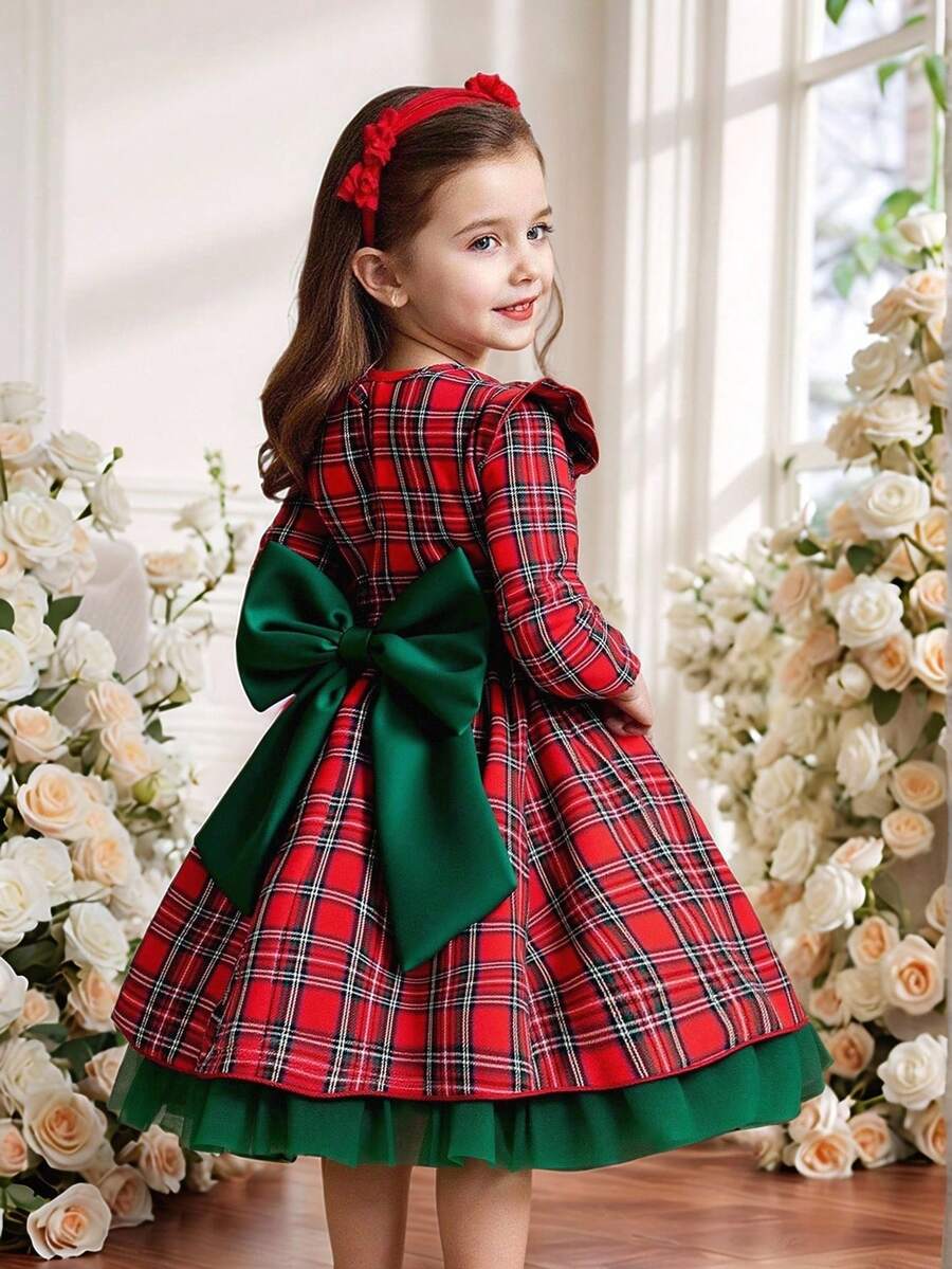 Glamorique Kids 女童格紋洋裝，節慶花童款，荷葉邊肩帶長袖擺裙中長洋裝，適合婚禮、7歲生日、假期，秋冬紅色 - 紅色 - 查看 1