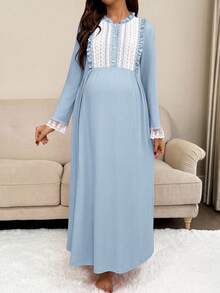 SHEIN Maternity Contrast Color Stand Collar Ruffle Lace Long Sleeve Loose Dress Nursing Dress Pregnant Dress Baby Blue Maternity Dress Maternity Dress Maternity Gown - Baby Blue - View 3