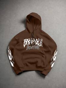 Manfinity EMRG 男士字母火焰印花连帽长袖套头卫衣 男士短款印花连帽衫 棕色卫衣 印花连帽衫 街头风棕色印花连帽衫 龙纹连帽衫 - 咖啡棕 - 查看 1