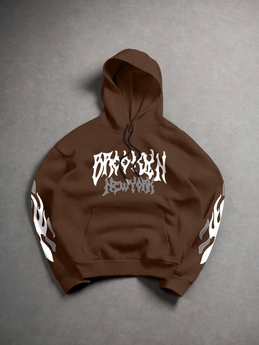 Manfinity EMRG 男士字母火焰印花连帽长袖套头卫衣 男士短款印花连帽衫 棕色卫衣 印花连帽衫 街头风棕色印花连帽衫 龙纹连帽衫 - 咖啡棕 - 查看 1