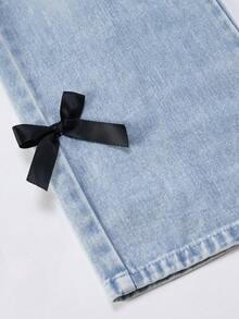 SHEIN ChillGRL 2pcs/Set Loose Casual Asymmetric Shoulder Strap Long Sleeve Printed Top Paired With Flared Jeans Pants Bow Design Outfit, Suitable For Daily, Commute, Casual, Vacation, Gathering With Friends, Street Style