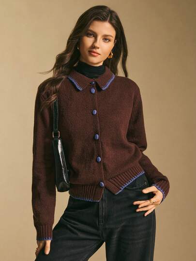 Poéselle Women's Fashion Casual Contrast Color Button Trim Cardigan,Chocolate Brown Knit Cardigan With Blue Contrast Trim - Cozy Button Down Winter Christmas Sweater For Women Winter Clothes For Women Sweaters Cardigans For Women Brown Sweater