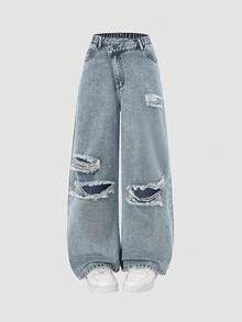 SHEIN ChillGRL Jeans für Teenager Mädchen, Y2K Collegestil, lässig weite Passform, abgenutzte Taille, bequeme Baumwolle, geeignet für Alltag, Schule, Partys, Schulanfang Se2025, neue Kollektion
