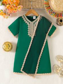 SHEIN 女婴中东传统风格短袖连衣裙+配套蕾丝披肩，舒适时尚，适合日常穿着，夏季 - 綠色 - 查看 3
