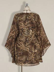 SHEIN ICON 大码女式豹纹混色宽松迷你连衣裙 - 棕色 - 查看 2