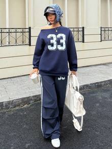 SHEIN ChillGRL 2pcs/Set Teen Girl Asymmetrical Shoulder Printed Long Sleeve Sweatshirt And Colorblock Printed Jogger Pants Set Fall Winter, Fleece-Lined, Keep Warm - Multicolor - View 6