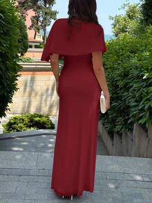 Aloruh Elegant Minimalist Commuter Fashion Elastic Waist Design Multilayer Ruffle Waist Ruffle Flattering Long Dress, Suitable For Work, Date, Vacation Red Elegant Dress Women - Red - View 2