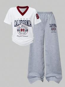 SHEIN ChillGRL 2pcs Set Tween Girl Number Graphic V-Neck Short Sleeve Top And Wide Leg Sports Pants Set, Spring/Summer Back To School Clothes - Multicolor - View 3