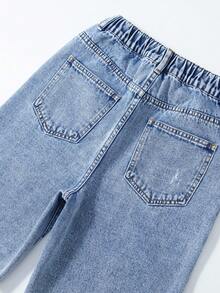 SHEIN ChillGRL Tween Girl' Y2K Streetwear Chic Acid Washed Distressed Blue Star Embroidery Elastic Waist Loose Denim Shorts, School, Campus, College - Light Wash - View 4