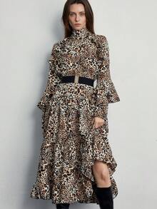 Aveloria Modichic Váy maxi dài tay, cổ buộc họa tiết da báo, dáng rộng, mềm mại, phù hợp mặc thường ngày mùa thu/đông và dự tiệc cổ điển - Nhiều màu - Xem 4