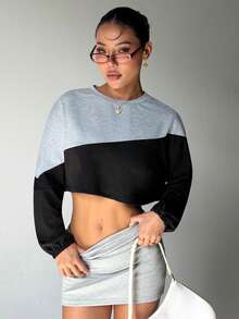 Gameset SHEIN Sport Color Block Round Neck Long Sleeve Cropped Loose Fit Fashionable Versatile Sporty Sweatshirt - Multicolor - View 4