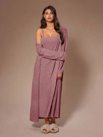 Lazeform Conjunto de 2 piezas de ropa de invierno para mujer: Bata de punto con cuello y cinturón de manga larga casual + Vestido largo de tirantes finos para dormir