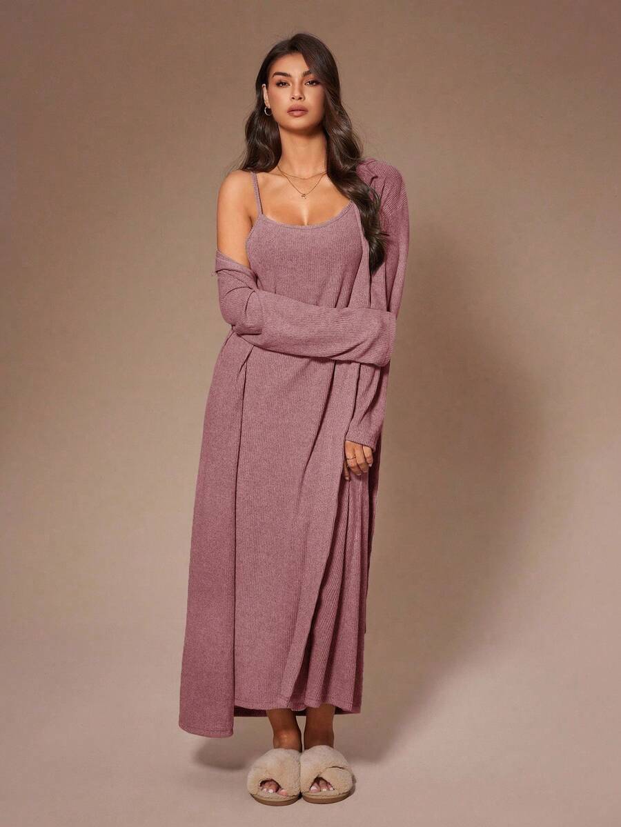 Lazeform Women's Casual Collared Knit Long Sleeve Belted Robe And Spaghetti Strap Maxi Sleep Dress 2 Pieces Lounge Set, Winter Clothes Long Sleep Dress Cozy Sets Women Robe Set Women 2 Piece Lounge Sets Woman Loungewear Dress - Dusty Pink - View 1