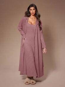 Lazeform Women's Casual Collared Knit Long Sleeve Belted Robe And Spaghetti Strap Maxi Sleep Dress 2 Pieces Lounge Set, Winter Clothes Long Sleep Dress Cozy Sets Women Robe Set Women 2 Piece Lounge Sets Woman Loungewear Dress - Dusty Pink - View 5