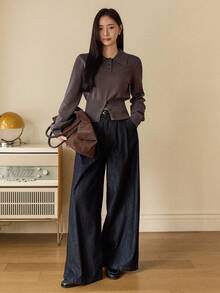 Dazy-Less Áo len nữ dáng rộng, màu trơn, cổ polo, cài cúc, vạt rộng, thích hợp mặc hàng ngày đi làm, mùa thu/đông, phong cách công sở. - Xám - Xem 3