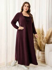 Lacomfia 大码女式格子拼接休闲家居连衣裙，秋冬款 - 紅色 - 查看 4