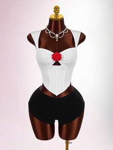 Amplova 女士黑红撞色情人节紧身短裤，饰有心形亮片，性感设计，适合情人节、约会之夜穿着，闪亮性感短裤，女士必备 - 黑色 - 查看 9